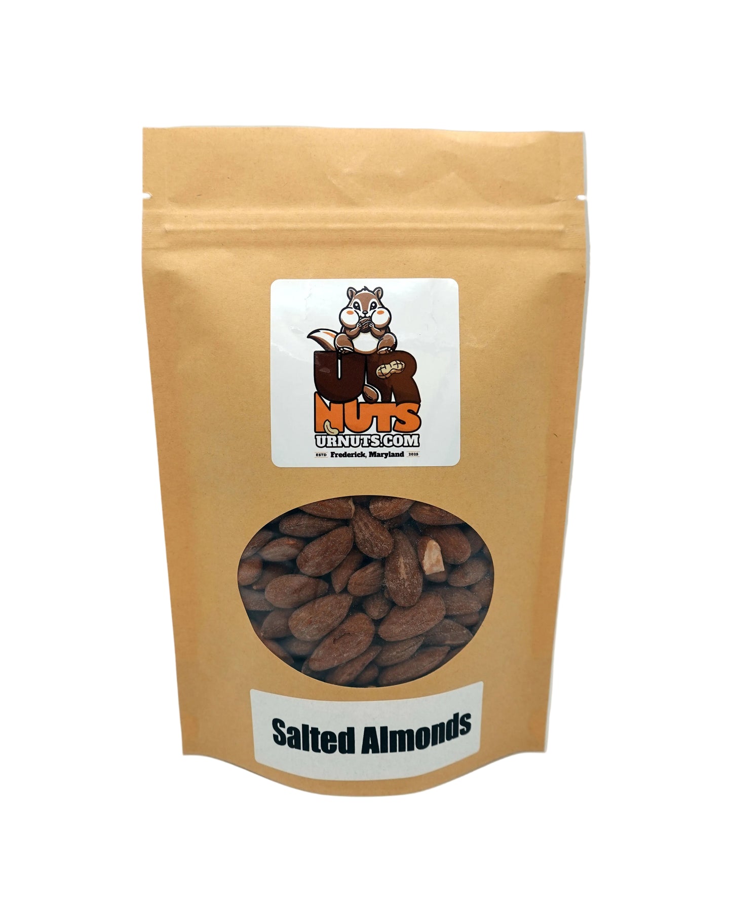 A stand-up kraft paper pouch of 'UR Nuts' brand Salted Almonds, featuring a clear circular window showing the almonds inside, set against a neutral light gray background.