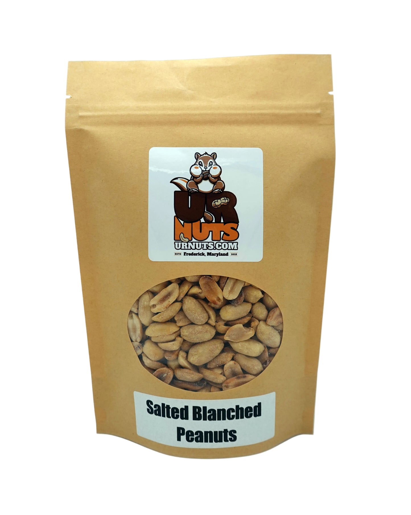 A stand-up kraft paper pouch of Salted Blanched Peanuts with a clear window showing the peanuts inside. The pouch features a white label with the brand logo 'UR Nuts.'