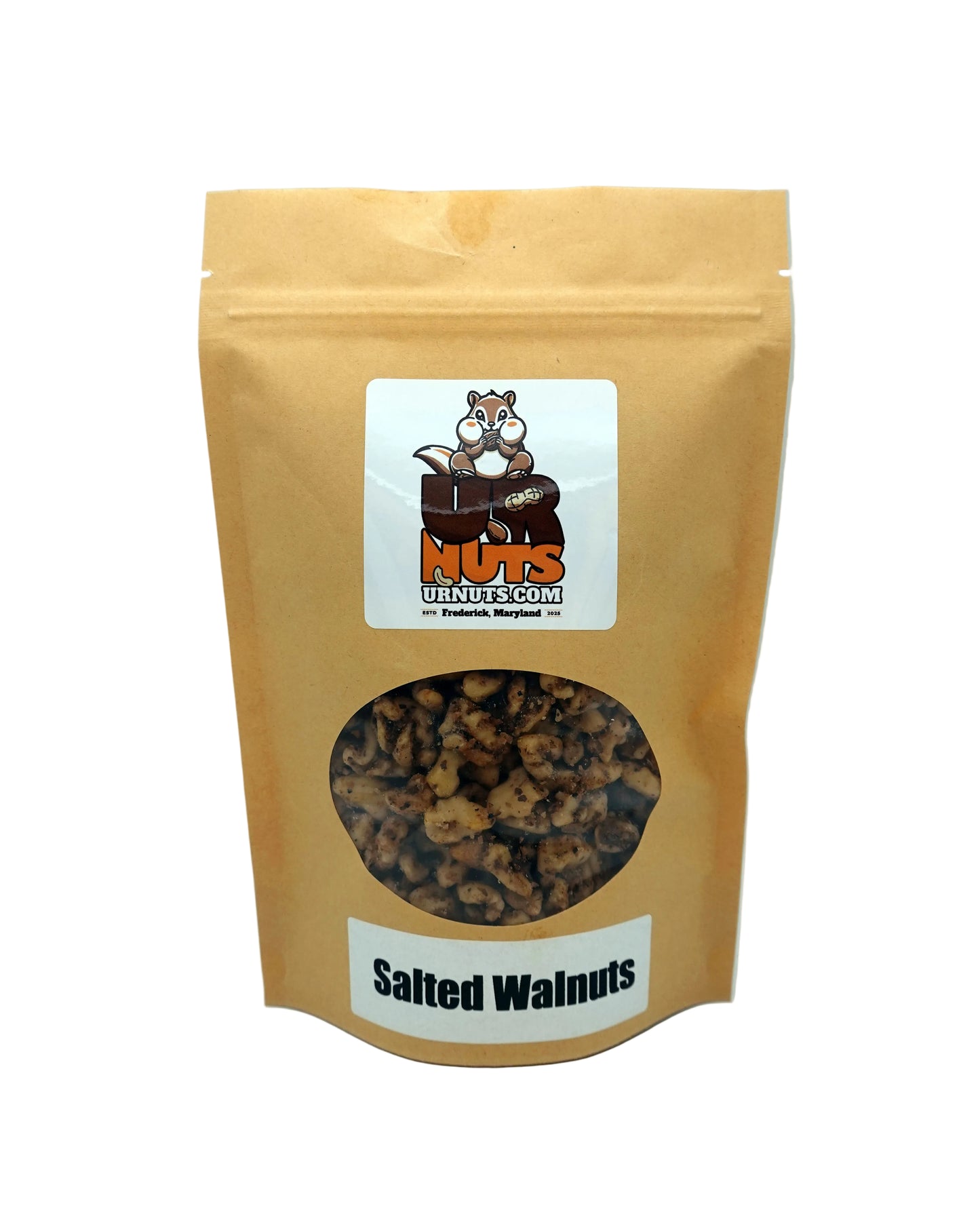 A stand-up kraft paper pouch of UR Nuts Salted Walnuts, featuring a clear circular window showing the walnuts inside and a white brand label on the front.