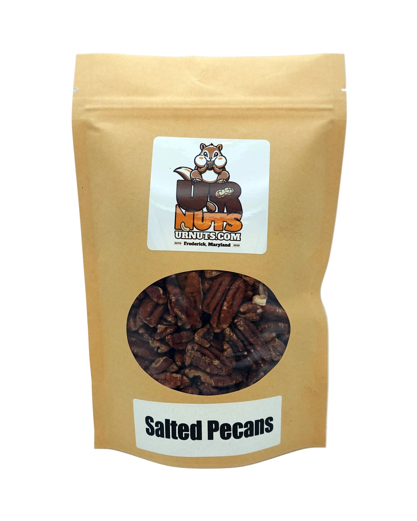 A stand-up kraft paper pouch of UR Nuts Salted Pecans, featuring a clear circular window showing the brown pecans inside, with a white label at the bottom reading 'Salted Pecans'.