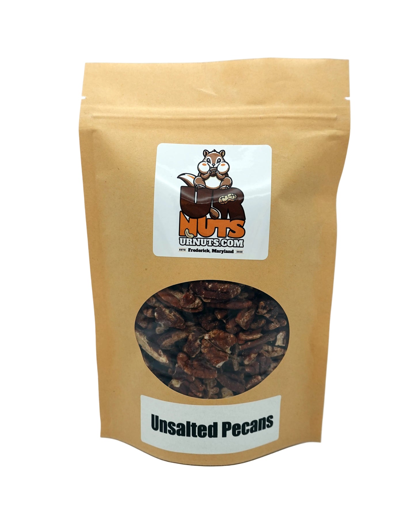 A stand-up kraft paper pouch of UR Nuts Unsalted Pecans, featuring a clear oval window showing the dark brown pecans inside, with a white label at the bottom reading 'Unsalted Pecans'.