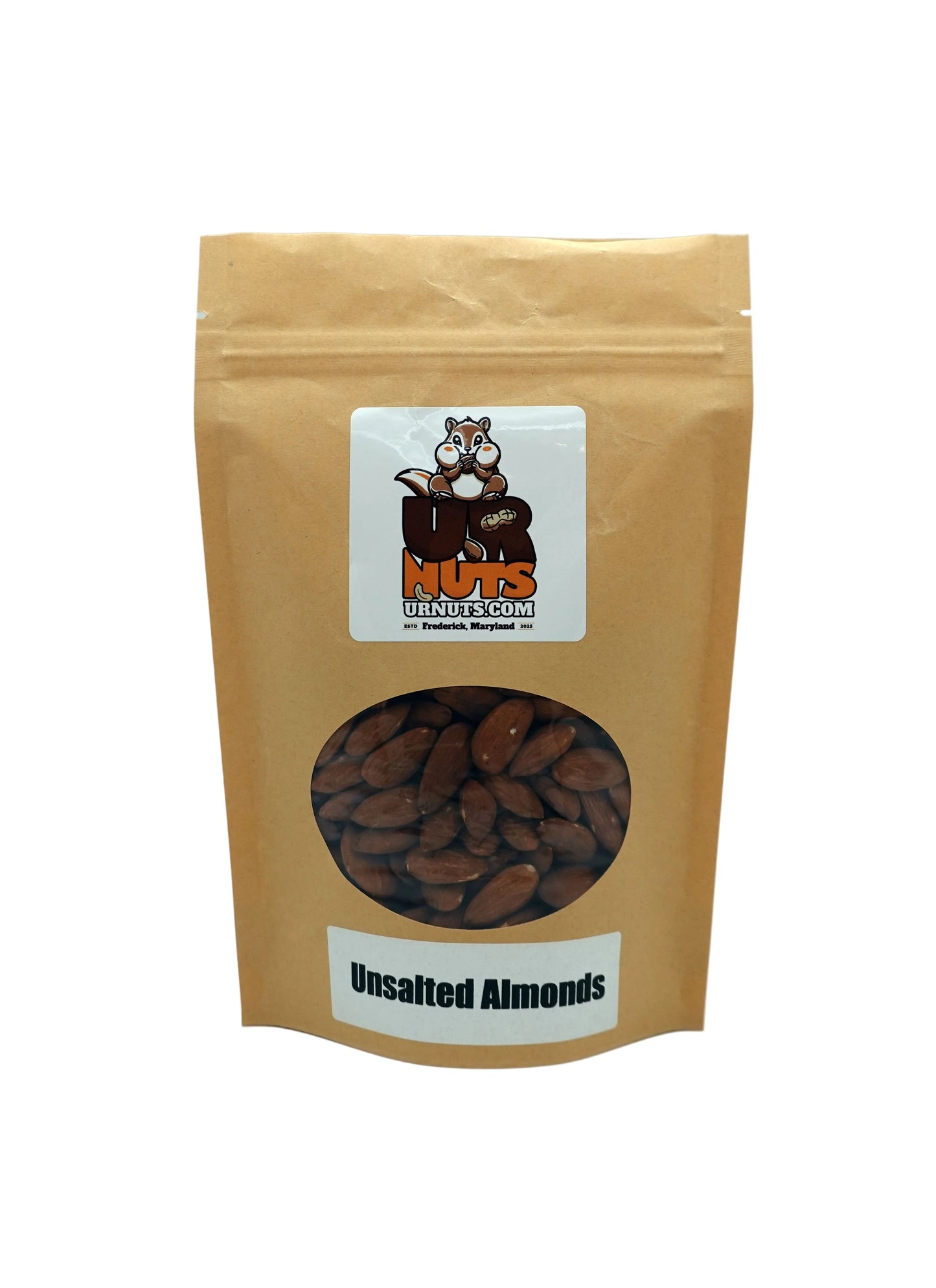 A stand-up kraft paper pouch of Unsalted Almonds with a clear circular window showing the almonds inside. The pouch features a white label with the 'UR Nuts' logo and a white label at the bottom reading 'Unsalted Almonds'.