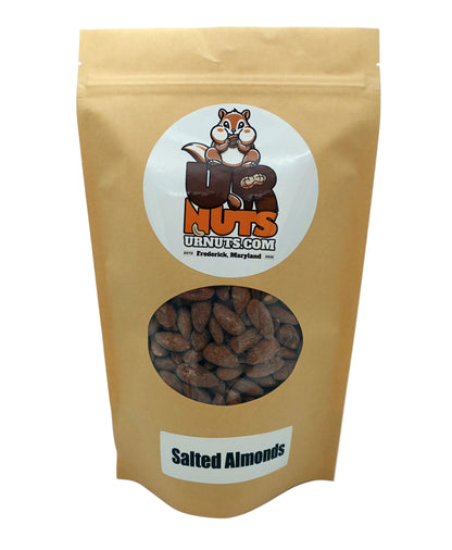 A stand-up kraft paper pouch of UR Nuts brand Salted Almonds, featuring a circular white label with a cartoon nut-holding squirrel and a clear window showing the brown almonds inside.