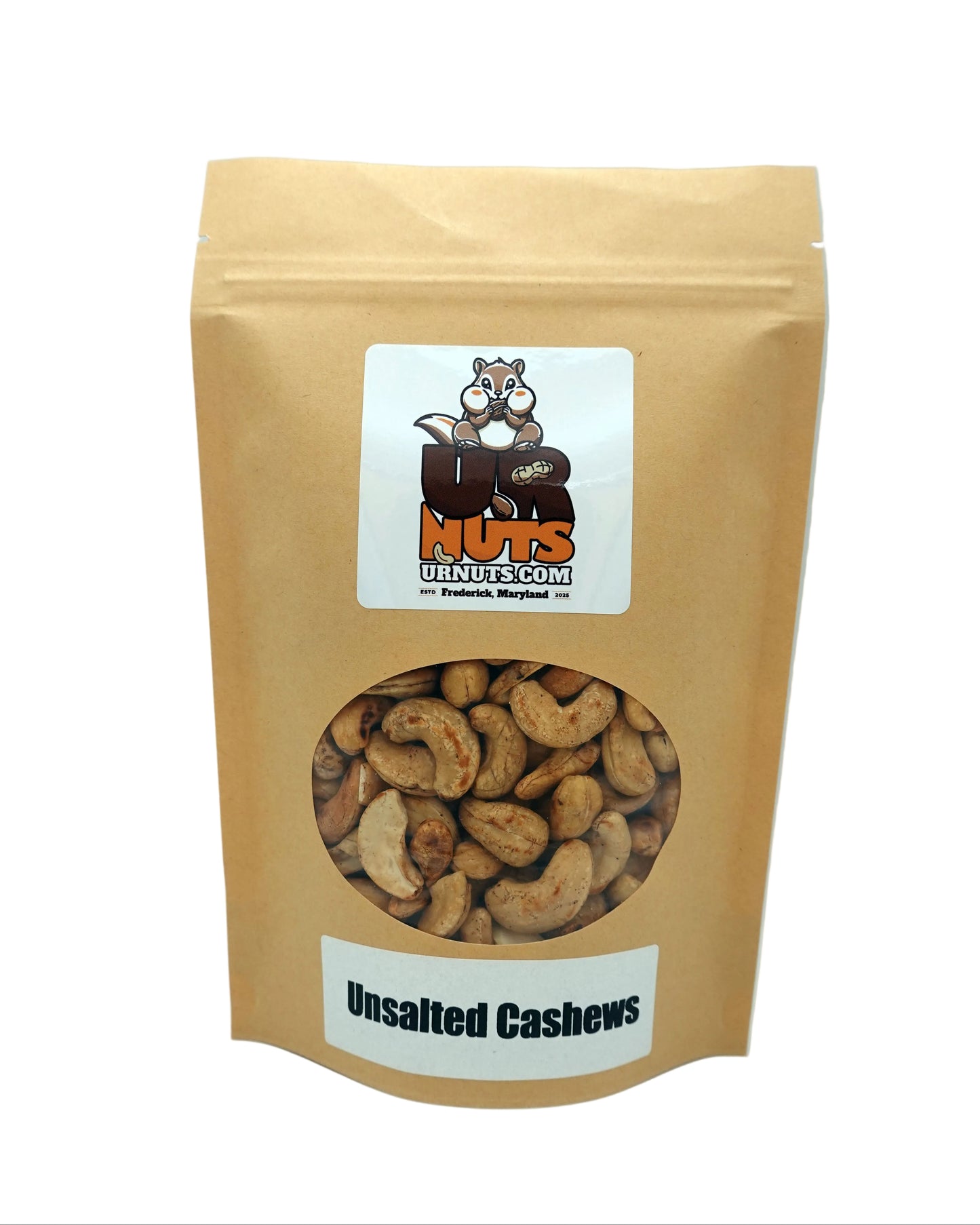 A stand-up kraft paper pouch of UR Nuts unsalted cashews, featuring a clear circular window showing the cashews inside and a white label with the brand logo.
