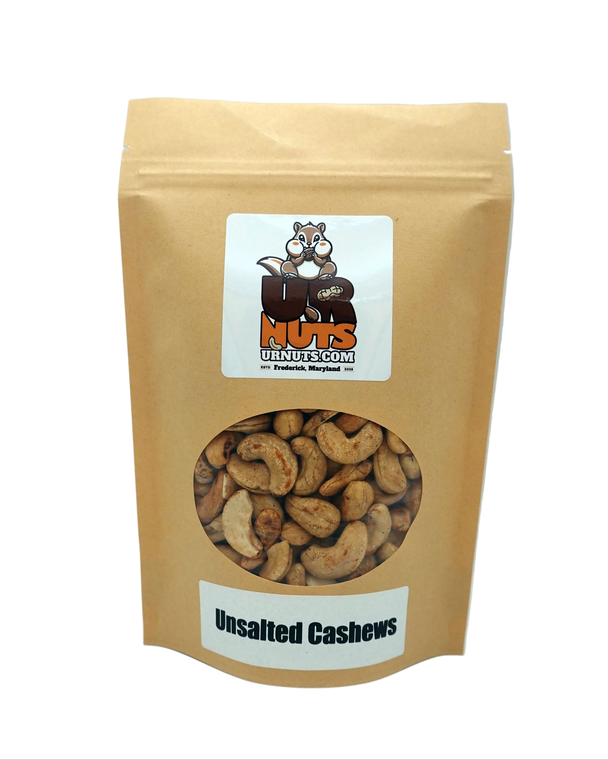 A stand-up kraft paper pouch of UR Nuts unsalted cashews, featuring a clear circular window showing the cashews inside and a white label with the brand logo.