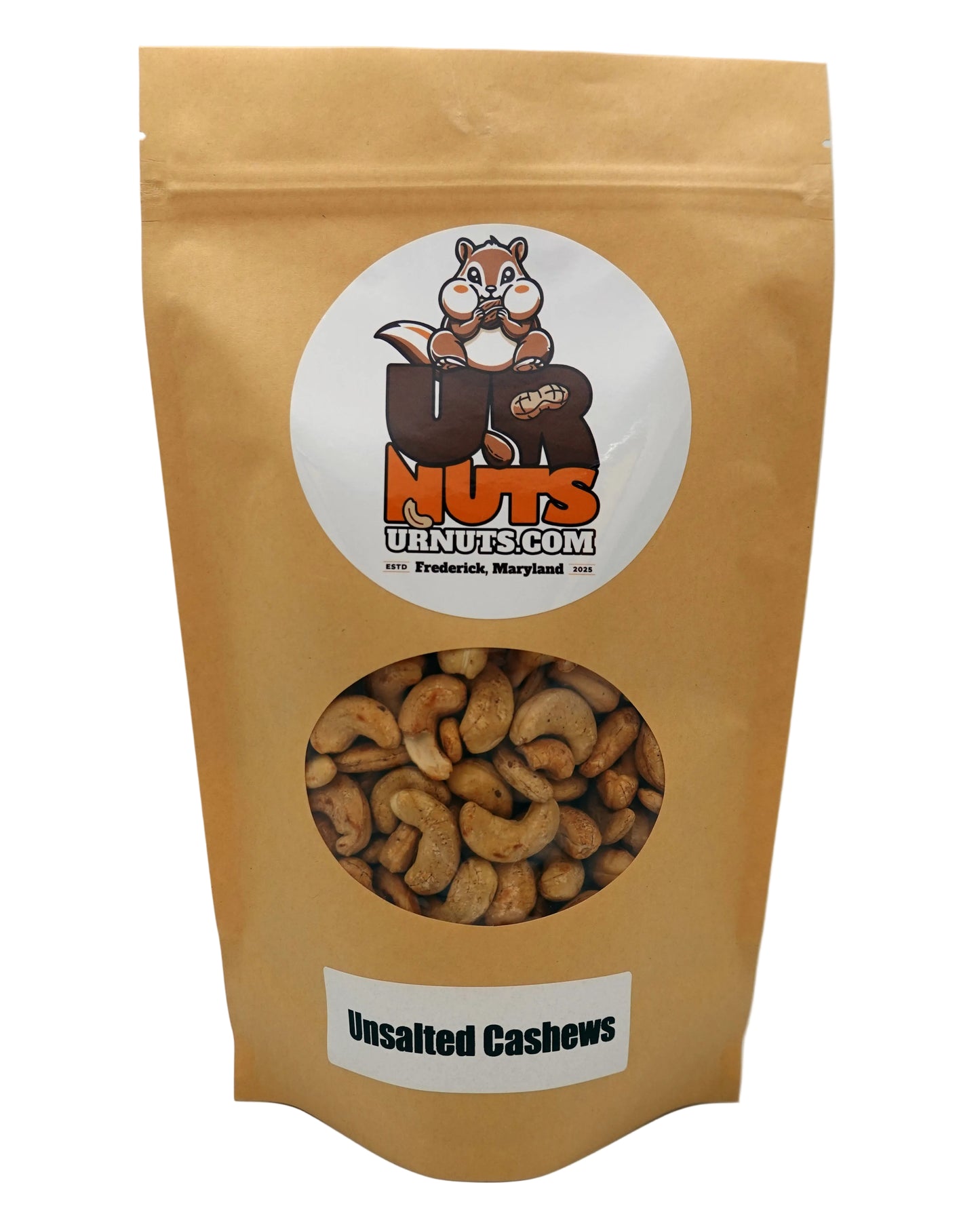 A stand-up kraft paper pouch of UR Nuts unsalted cashews, featuring a circular white logo with a cartoon nut squirrel and a clear window showing the cashews inside.