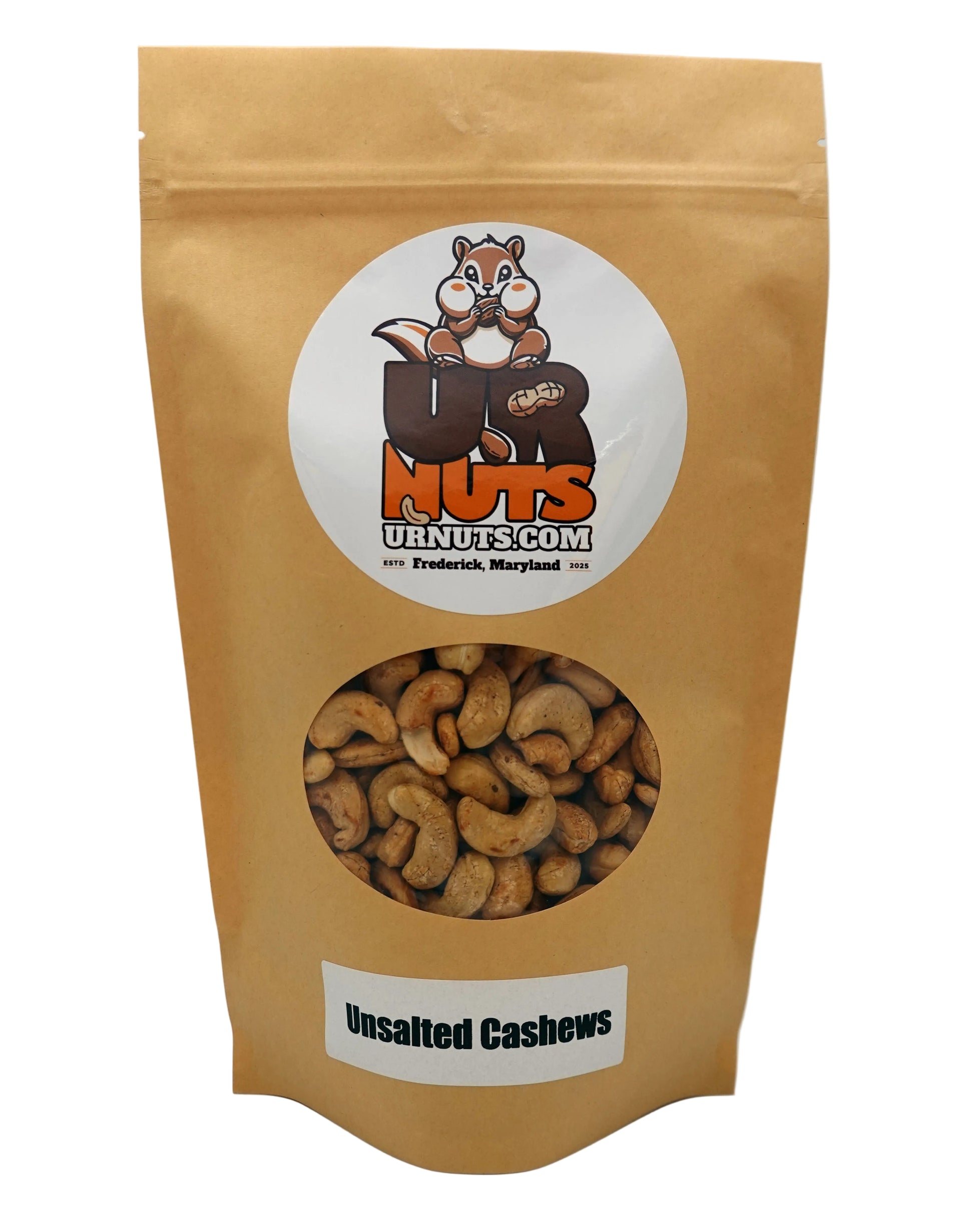 A stand-up kraft paper pouch of UR Nuts unsalted cashews, featuring a circular white logo with a cartoon nut squirrel and a clear window showing the cashews inside.