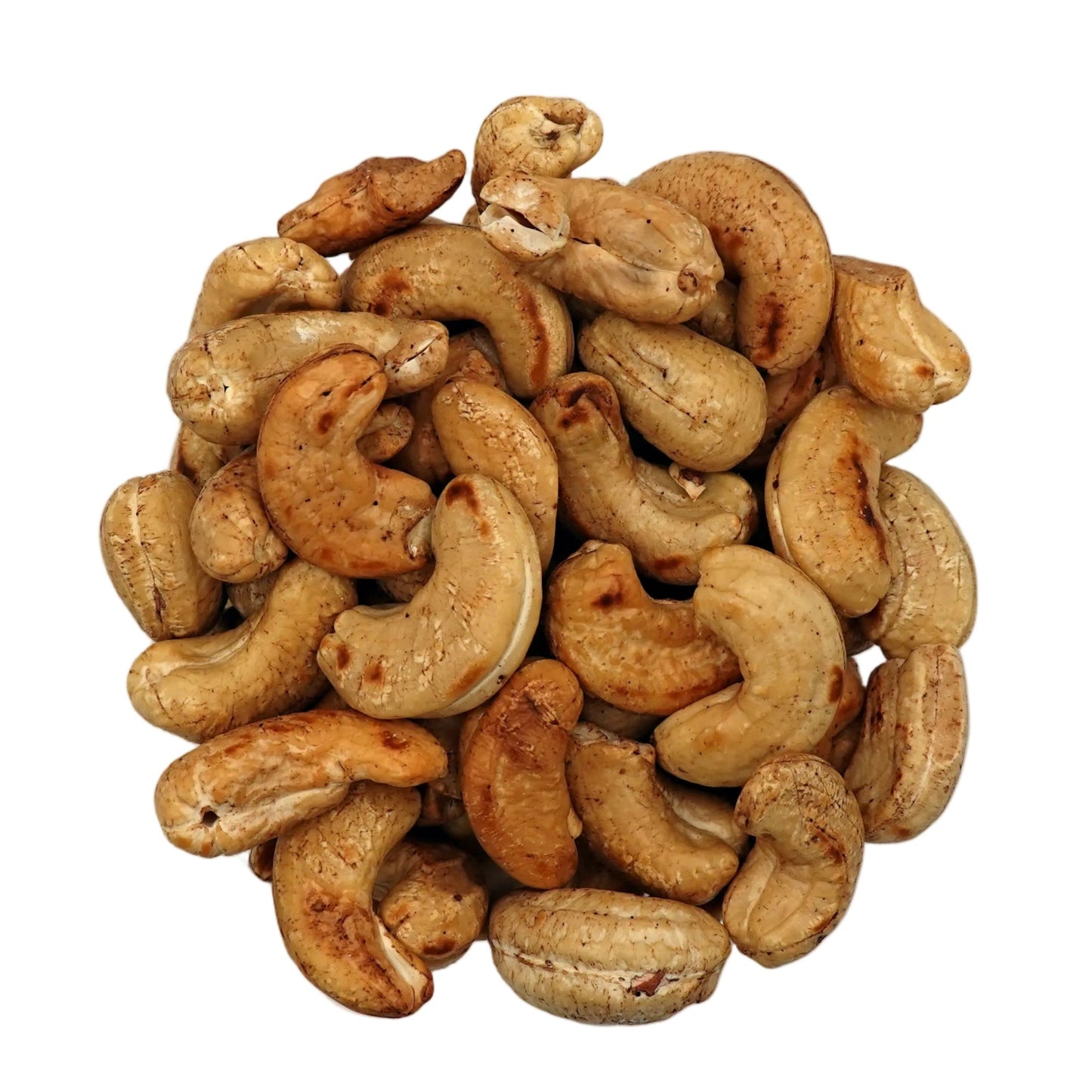 Unsalted cashews in a clear glass bowl, photographed from directly above on a clean white background.