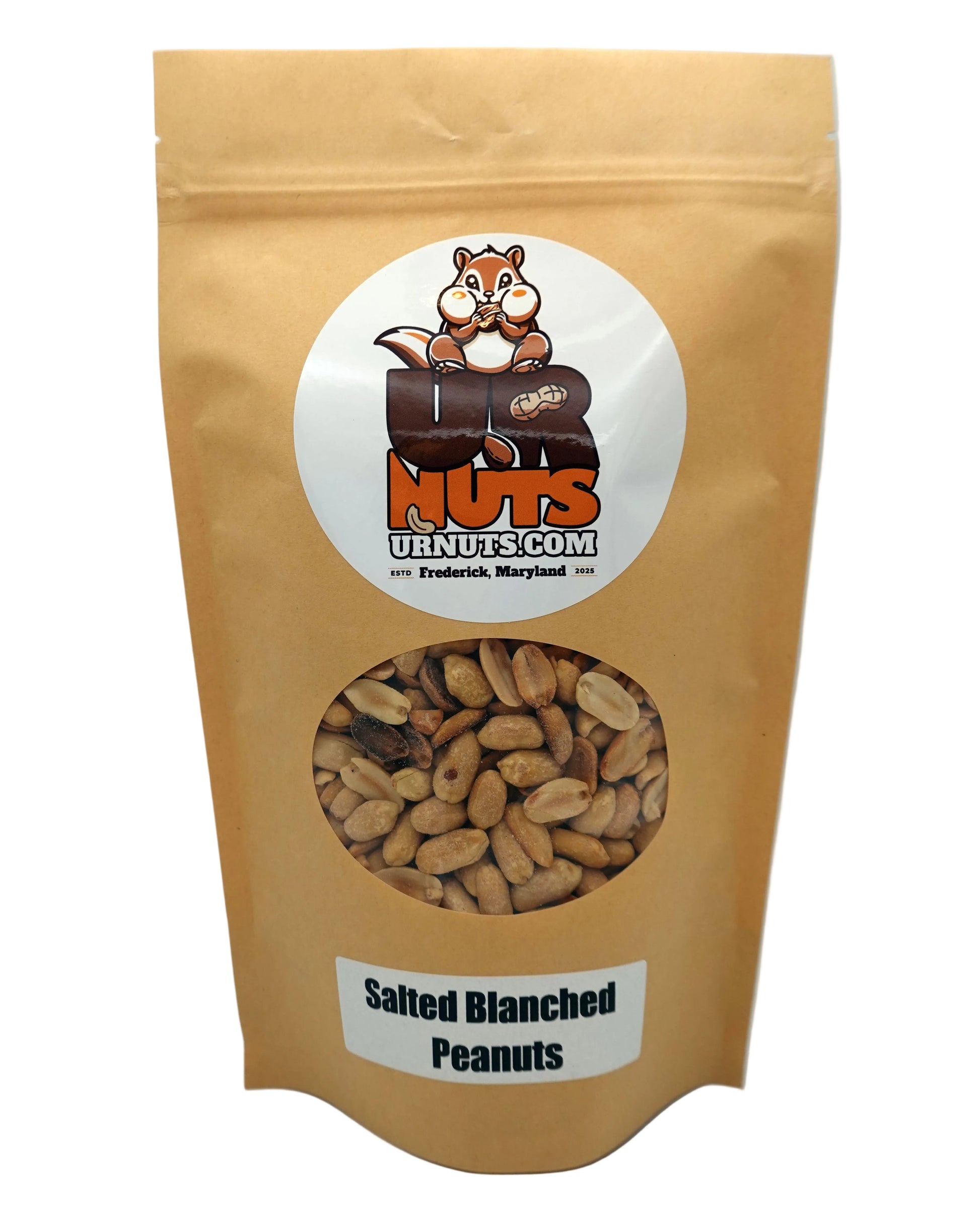 A stand-up pouch of UR Nuts brand 'Salted Blanched Peanuts' in a kraft paper bag with a circular clear window showing the peanuts inside.