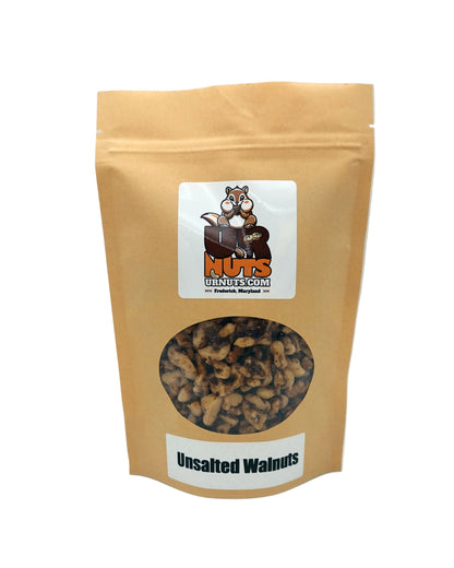 A stand-up kraft paper pouch of UR Nuts Unsalted Walnuts, featuring a clear circular window showing the walnuts inside and a cartoon hamster logo on the front label.