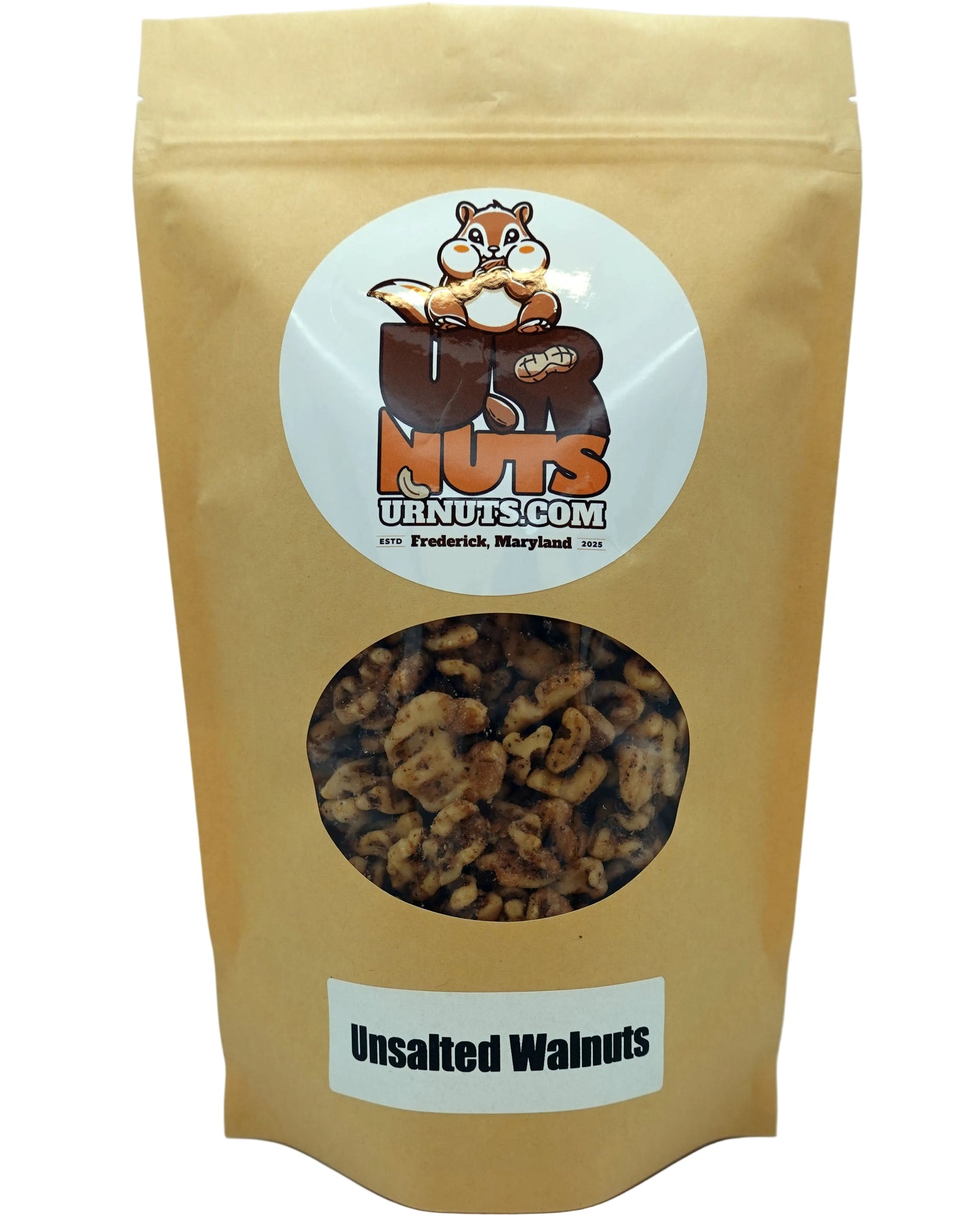 A stand-up kraft paper pouch of UR Nuts Unsalted Walnuts, featuring a circular white logo with a nut-shaped squirrel and a clear window showing the walnuts inside.
