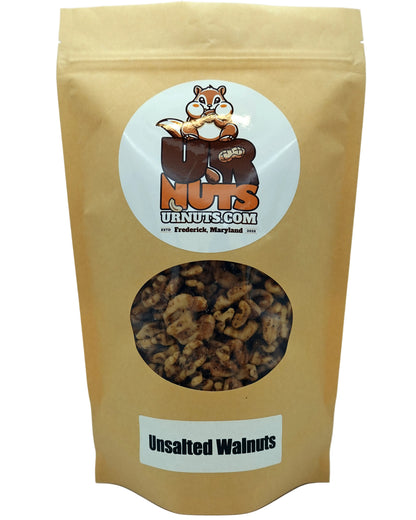 A stand-up kraft paper pouch of UR Nuts Unsalted Walnuts, featuring a circular white logo with a nut-shaped squirrel and a clear window showing the walnuts inside.