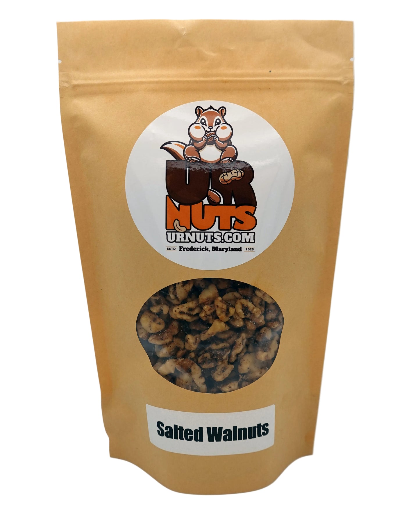 A stand-up kraft paper pouch of UR Nuts brand Salted Walnuts, featuring a cartoon squirrel logo and a clear window showing the walnuts inside.