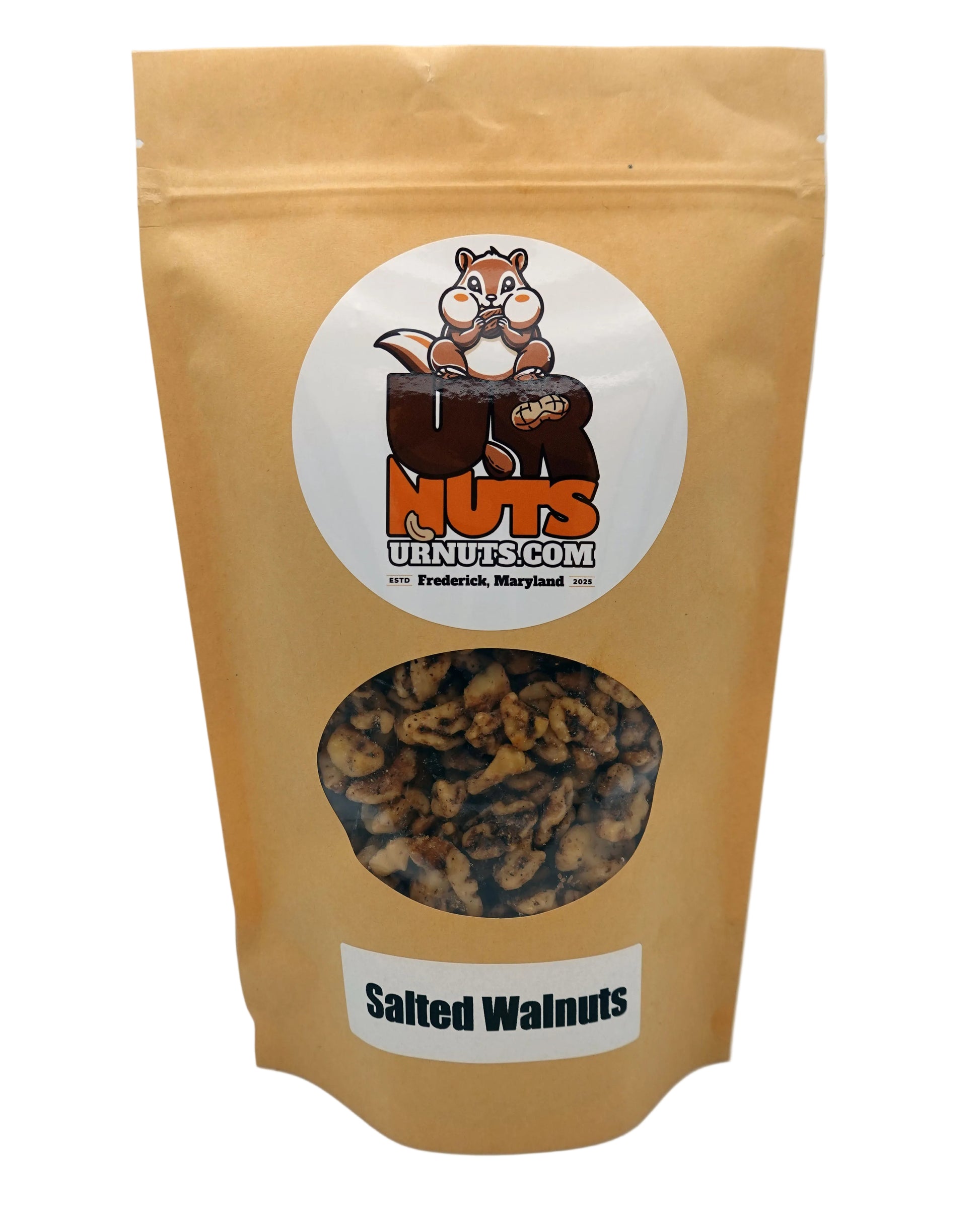 A stand-up kraft paper pouch of UR Nuts brand Salted Walnuts, featuring a cartoon squirrel logo and a clear window showing the walnuts inside.