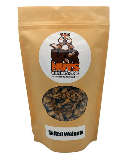 A stand-up kraft paper pouch of UR Nuts brand Salted Walnuts, featuring a cartoon squirrel logo and a clear window showing the walnuts inside.