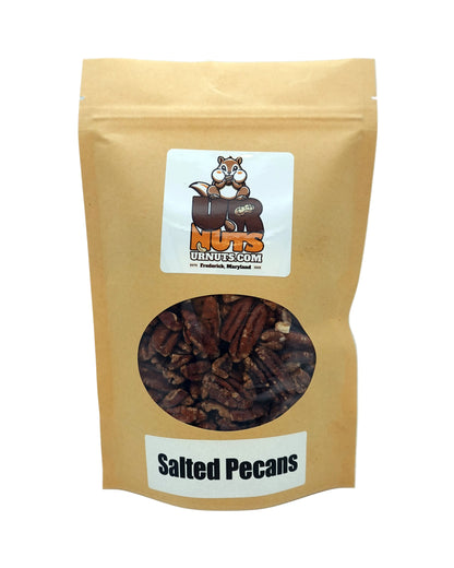 A stand-up kraft paper pouch of UR Nuts Salted Pecans, featuring a clear circular window showing the brown pecans inside, with a white label at the bottom reading 'Salted Pecans'.