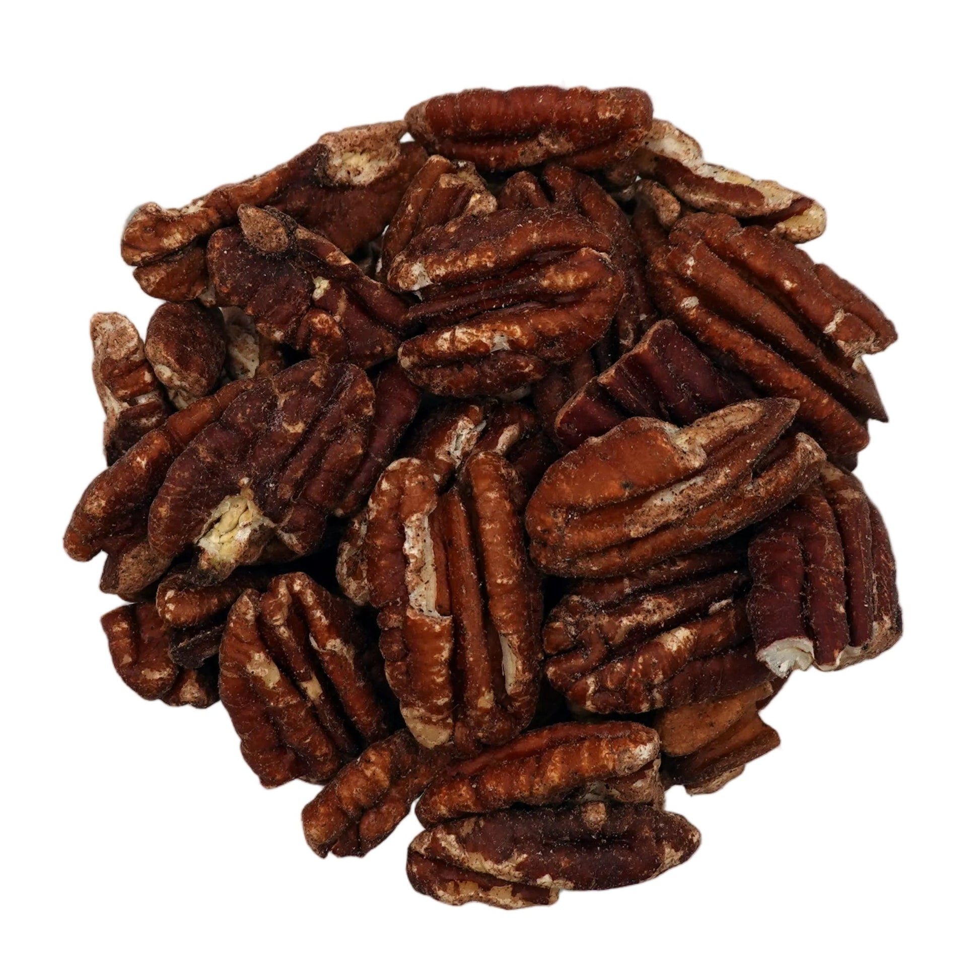 A clear glass bowl filled with brown salted pecans, photographed from above on a plain white background.