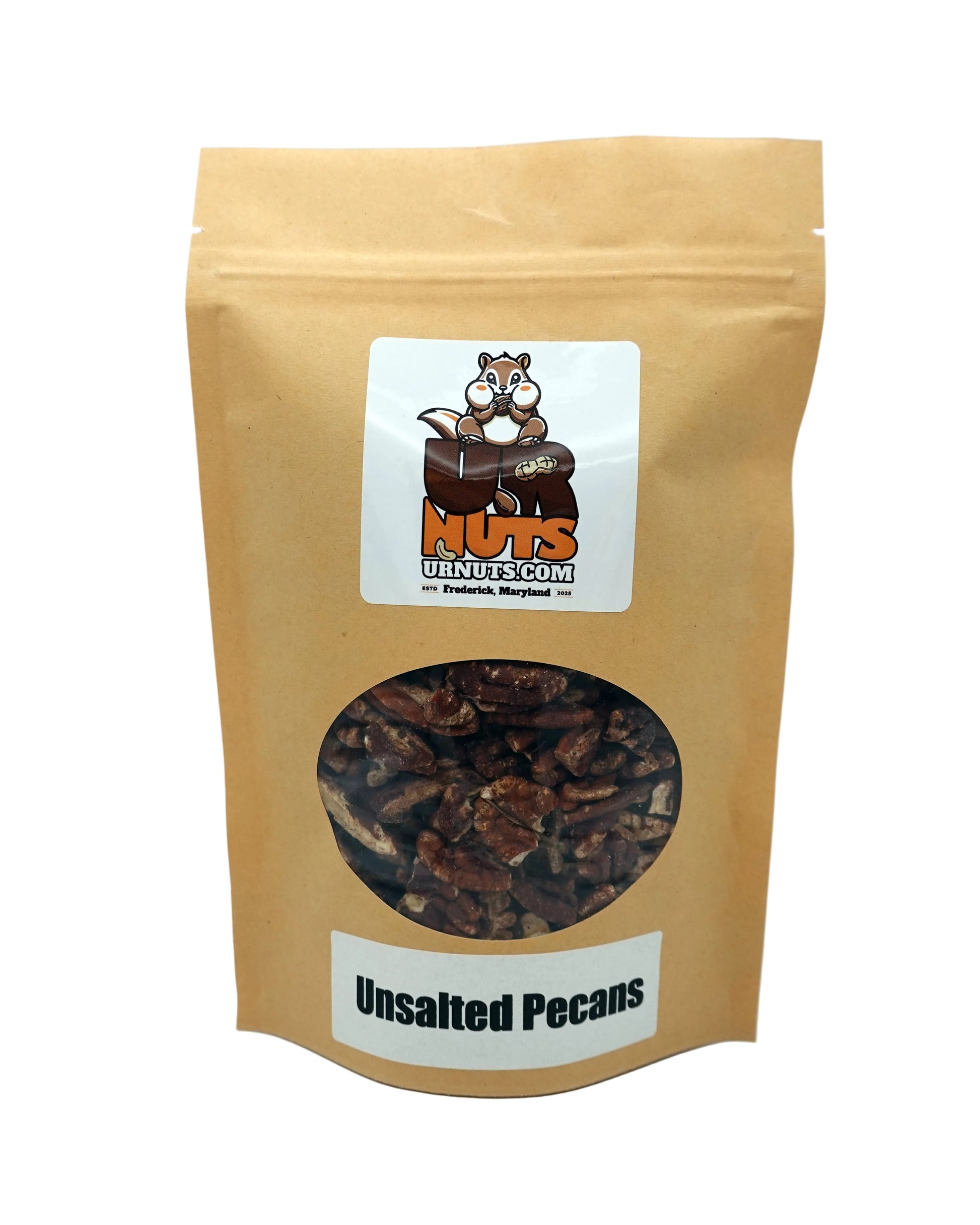 A stand-up kraft paper pouch of UR Nuts Unsalted Pecans, featuring a clear oval window showing the dark brown pecans inside, with a white label at the bottom reading 'Unsalted Pecans'.