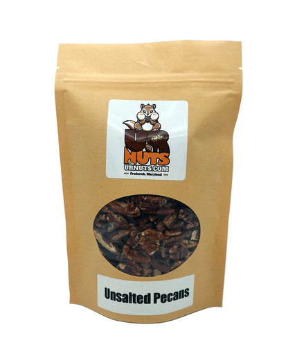 A stand-up kraft paper pouch of UR Nuts Unsalted Pecans, featuring a clear oval window showing the dark brown pecans inside, with a white label at the bottom reading 'Unsalted Pecans'.