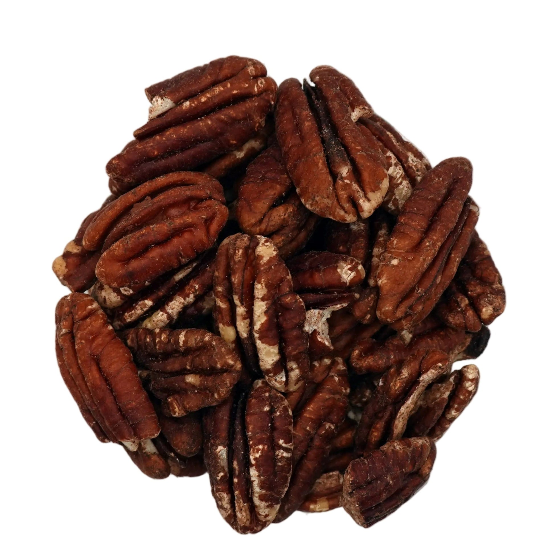 A top-down view of unsalted pecans inside a clear glass bowl, set against a plain white background.