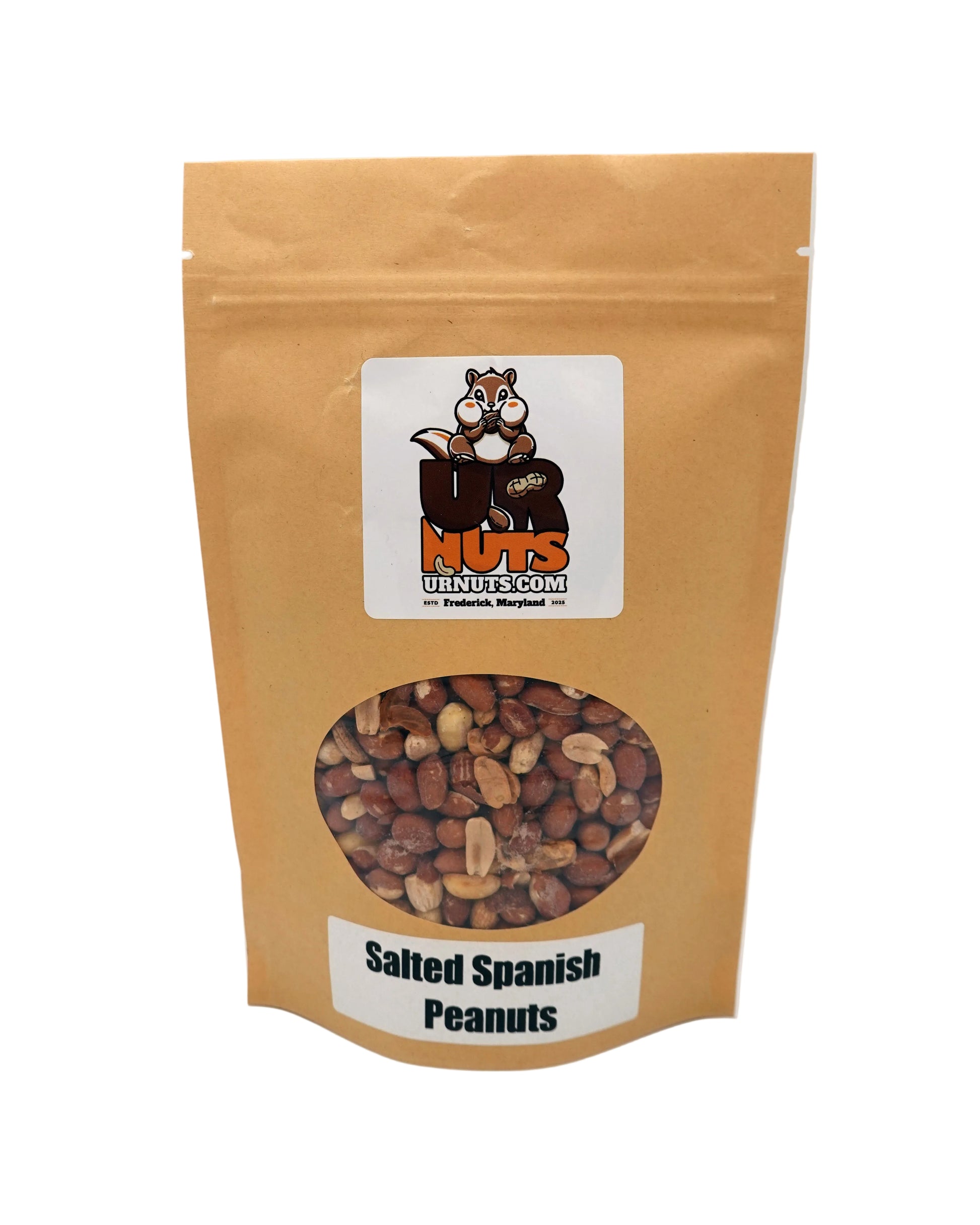 A stand-up kraft paper pouch of 'Salted Spanish Peanuts' from UR Nuts, featuring a clear window displaying the peanuts inside and a cartoon chipmunk logo.