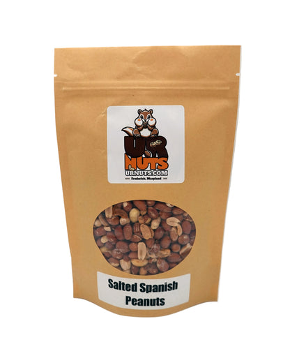 A stand-up kraft paper pouch of 'Salted Spanish Peanuts' from UR Nuts, featuring a clear window displaying the peanuts inside and a cartoon chipmunk logo.