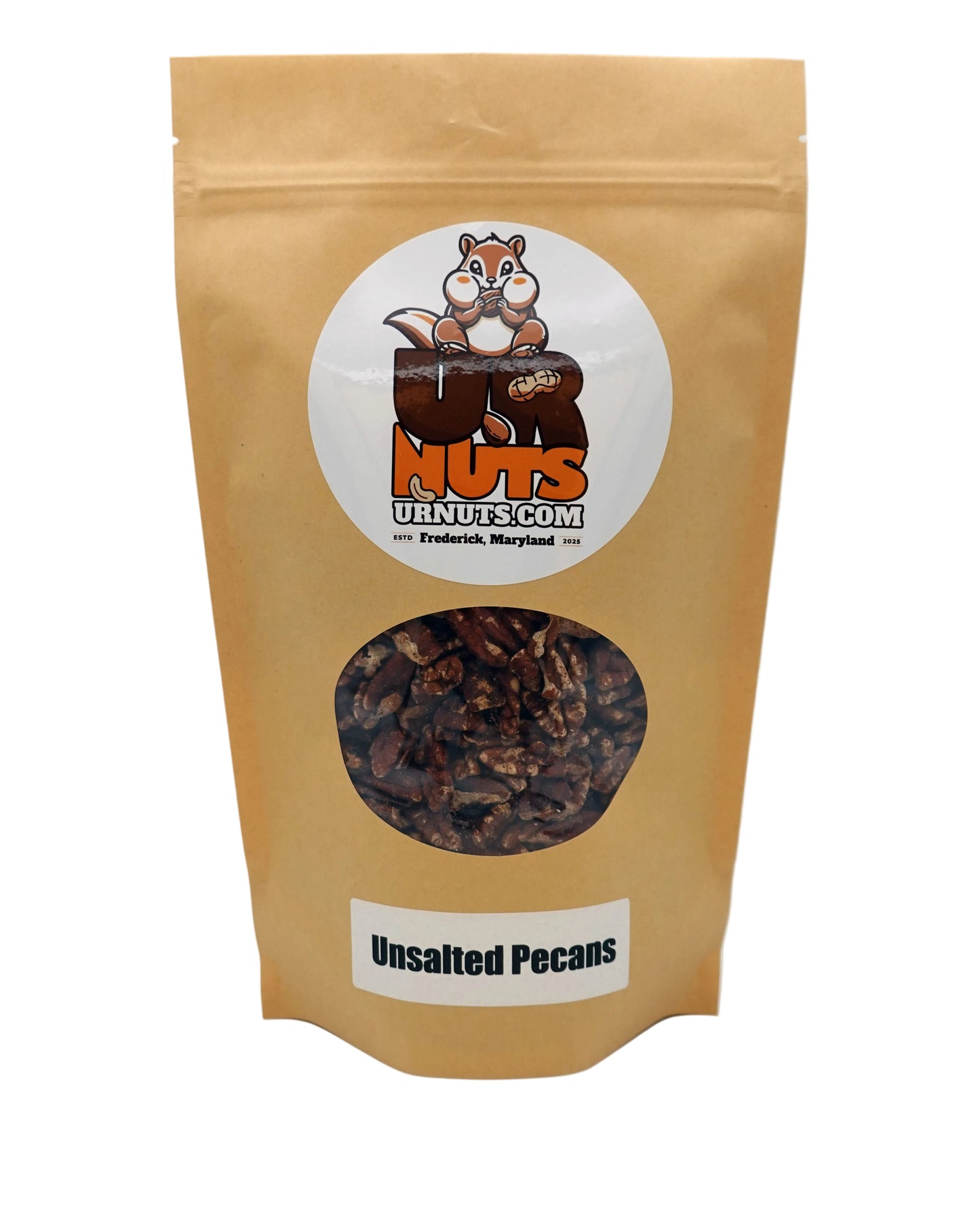 A stand-up kraft paper pouch of UR Nuts unsalted pecans, featuring a circular white logo with a cartoon nut logo and a clear window showing the dark brown pecans inside.