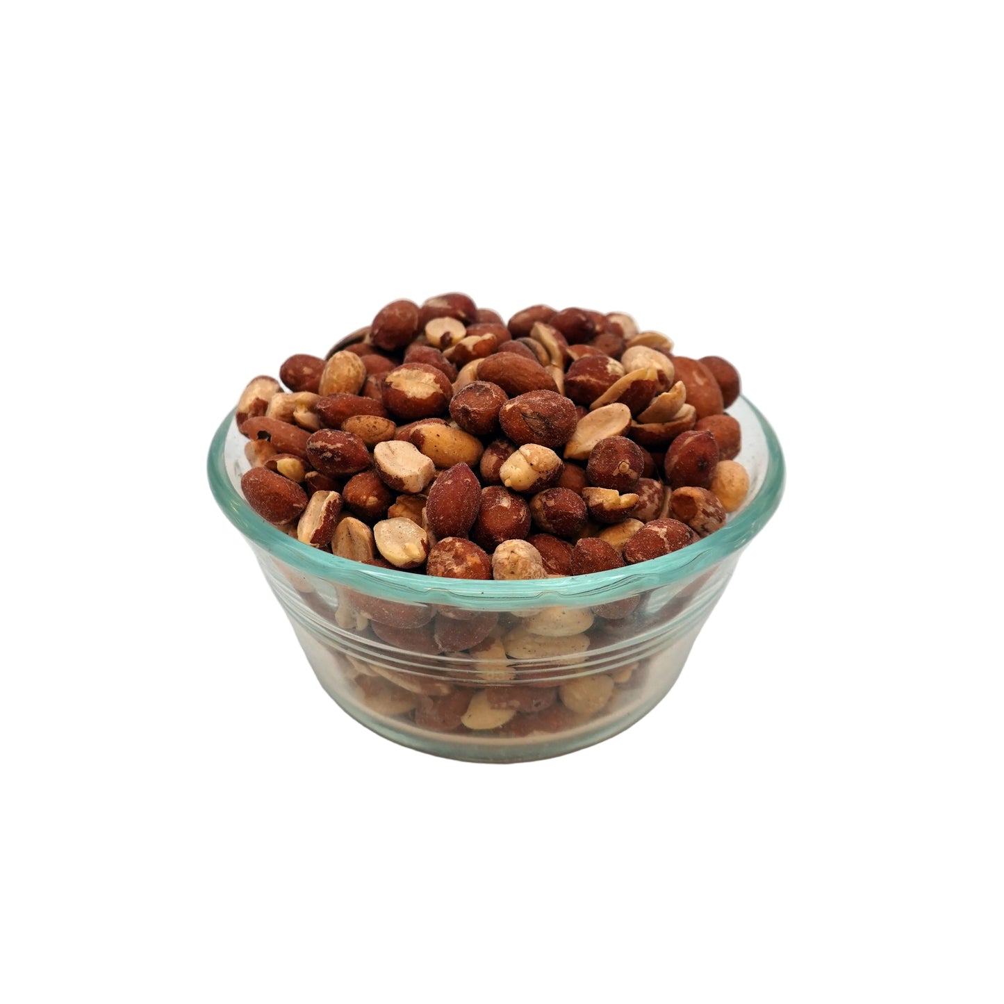 A clear glass bowl filled with roasted and salted spanish peanuts, photographed on a plain white studio background.