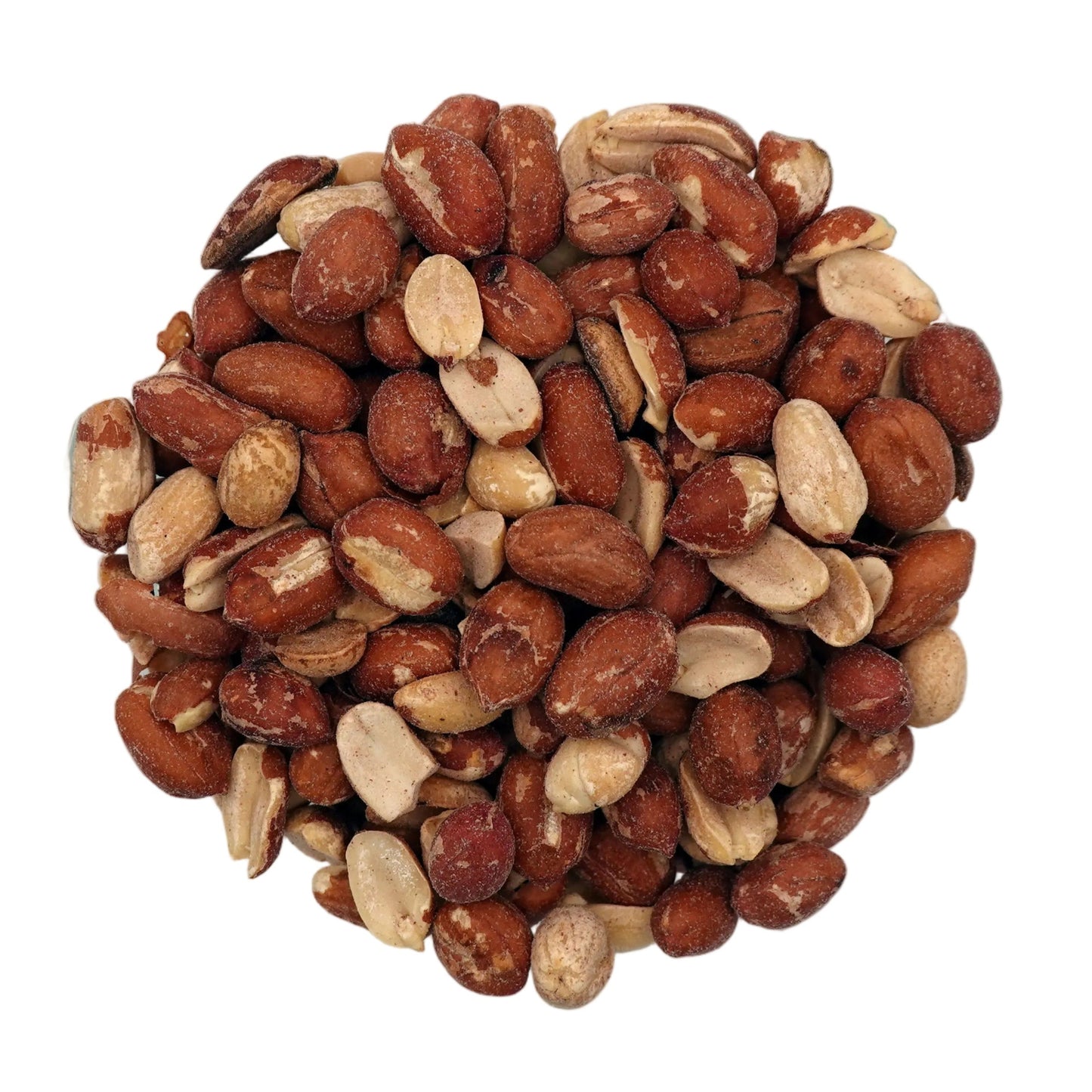 A clear glass bowl filled with roasted and salted spanish peanuts, photographed on a plain white studio background.