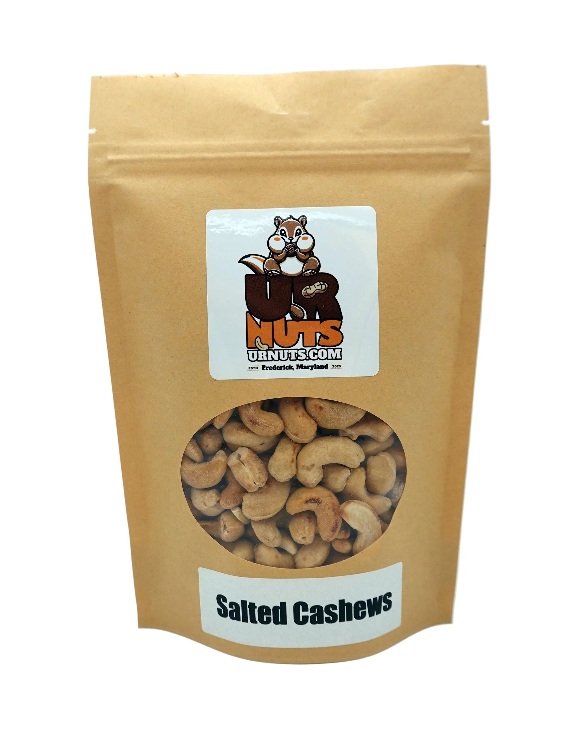 A stand-up kraft paper pouch of UR Nuts brand Salted Cashews, featuring a clear circular window showing the cashews inside and a white label at the bottom with the text 'Salted Cashews'.