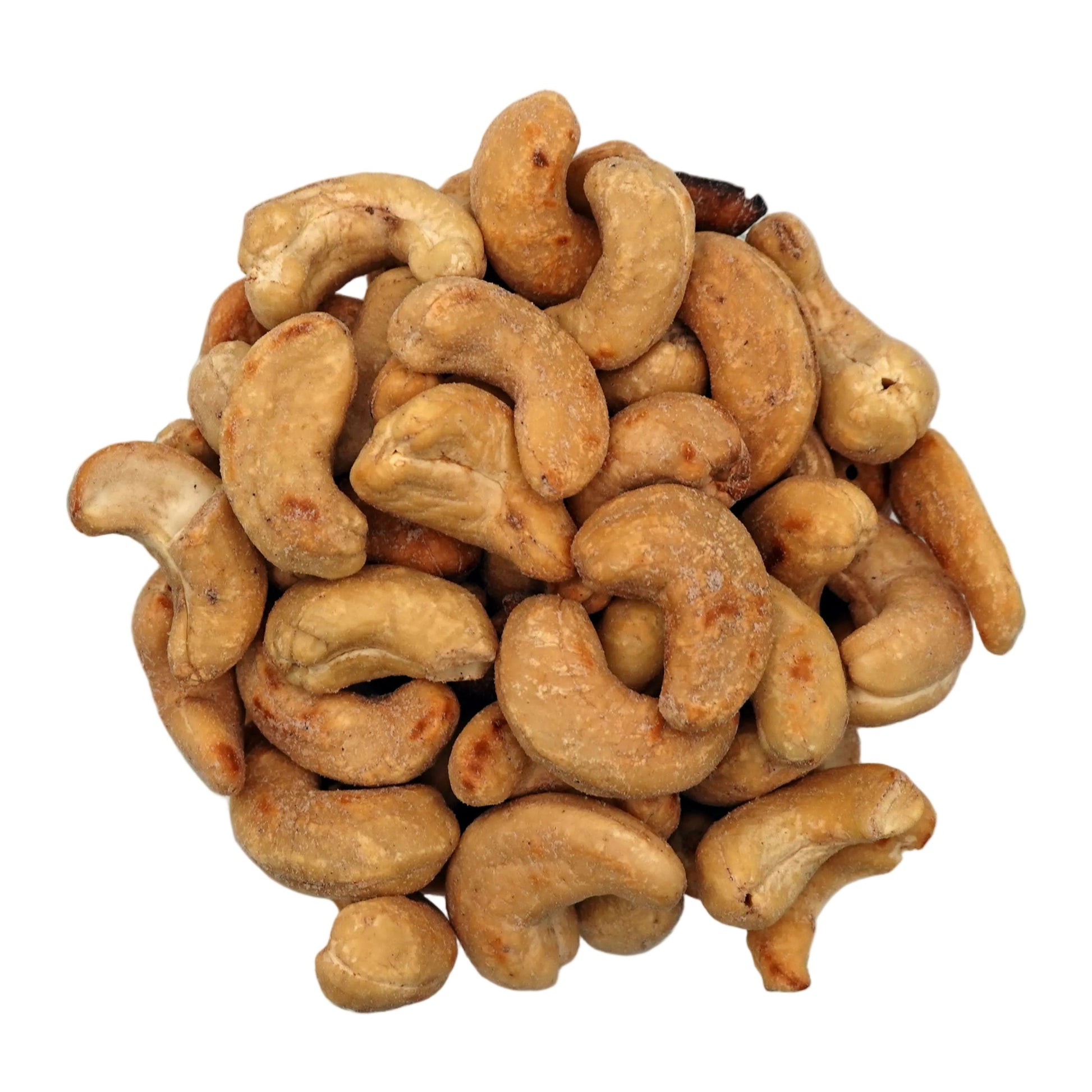 Salted cashews in a clear glass bowl, photographed from a top-down view on a plain white background.