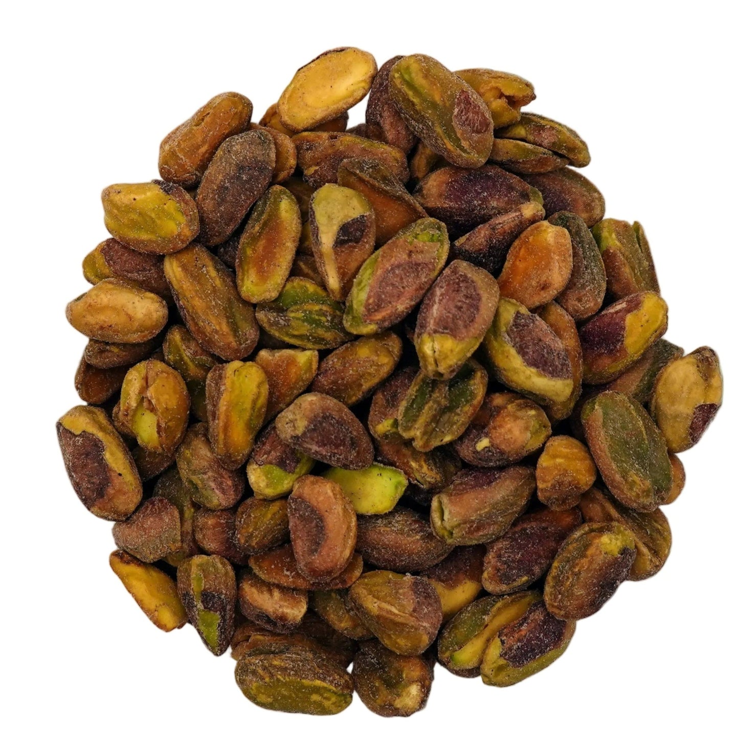 A clear glass bowl filled with roasted salted pistachios, photographed from above on a plain white background.