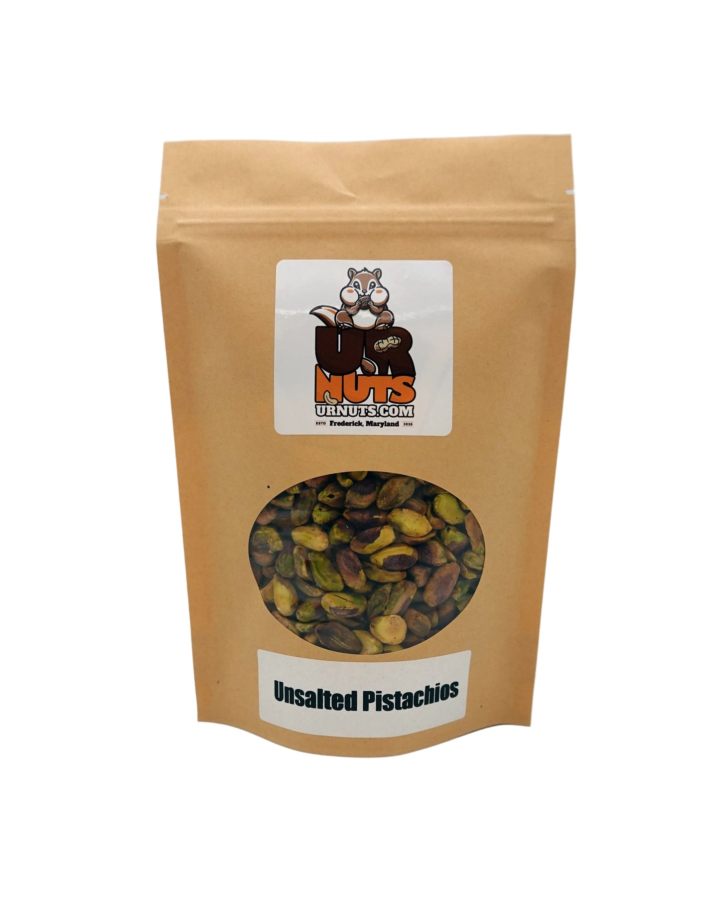 A stand-up kraft paper pouch of unsalted pistachios with a clear oval window showing the green and brown nuts inside. The pouch has a white label at the top with a nut logo reading UR Nuts.