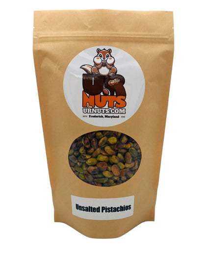 A stand-up kraft paper pouch of Unsalted Pistachios from UR Nuts, featuring a circular cartoon logo of a squirrel and a clear window showing the green and brown pistachios inside.