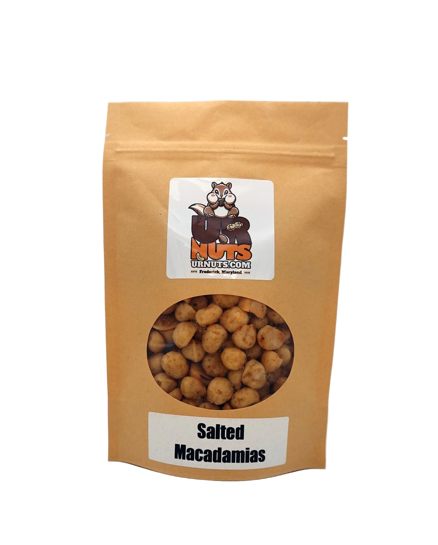 A stand-up kraft paper pouch of UR Nuts Macadamias (Salted) with a clear window showing the nuts inside, on a light gray background.