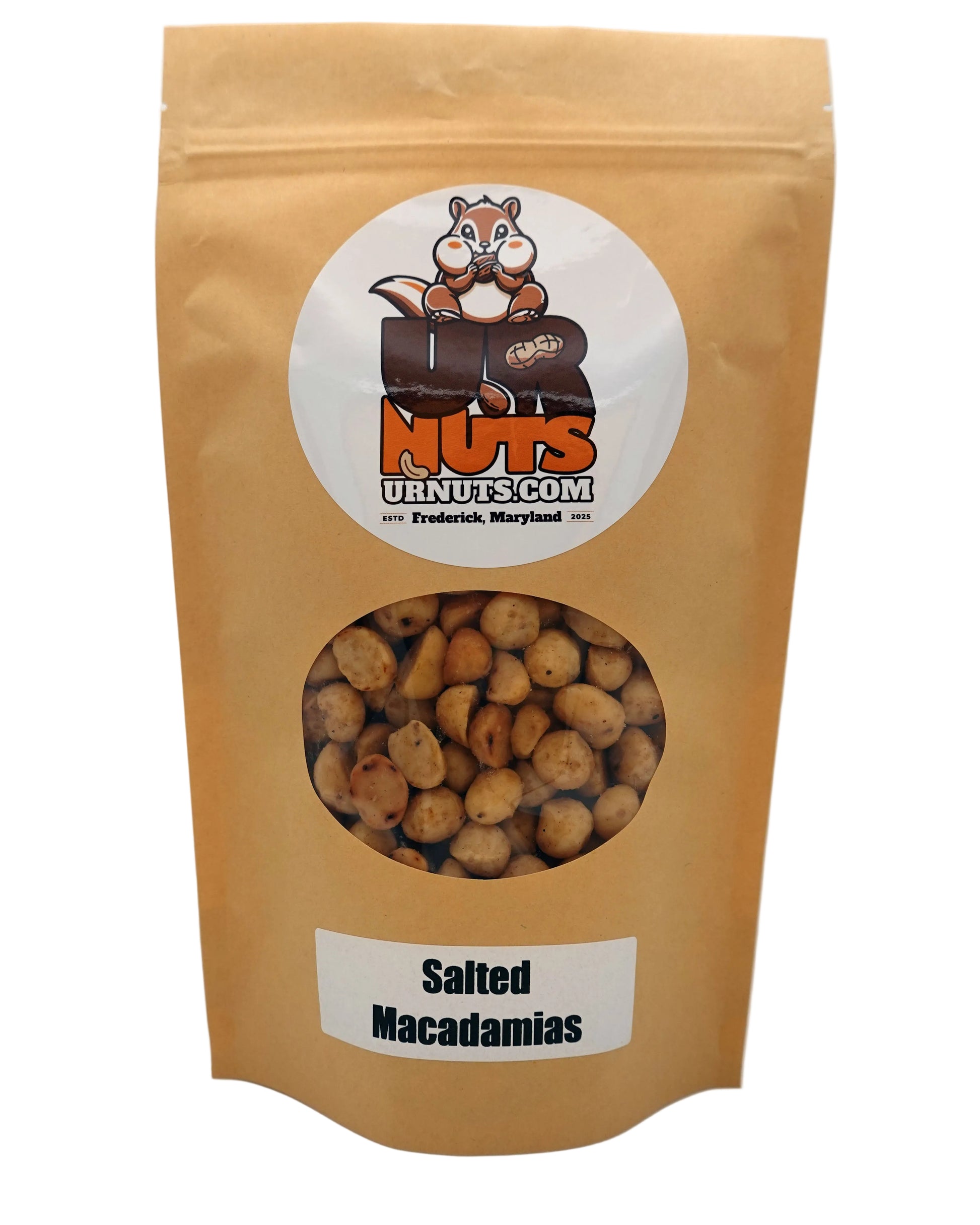 A stand-up kraft paper pouch of UR Nuts Salted Macadamias, featuring a circular cartoon squirrel logo and a clear window showing the nuts inside.