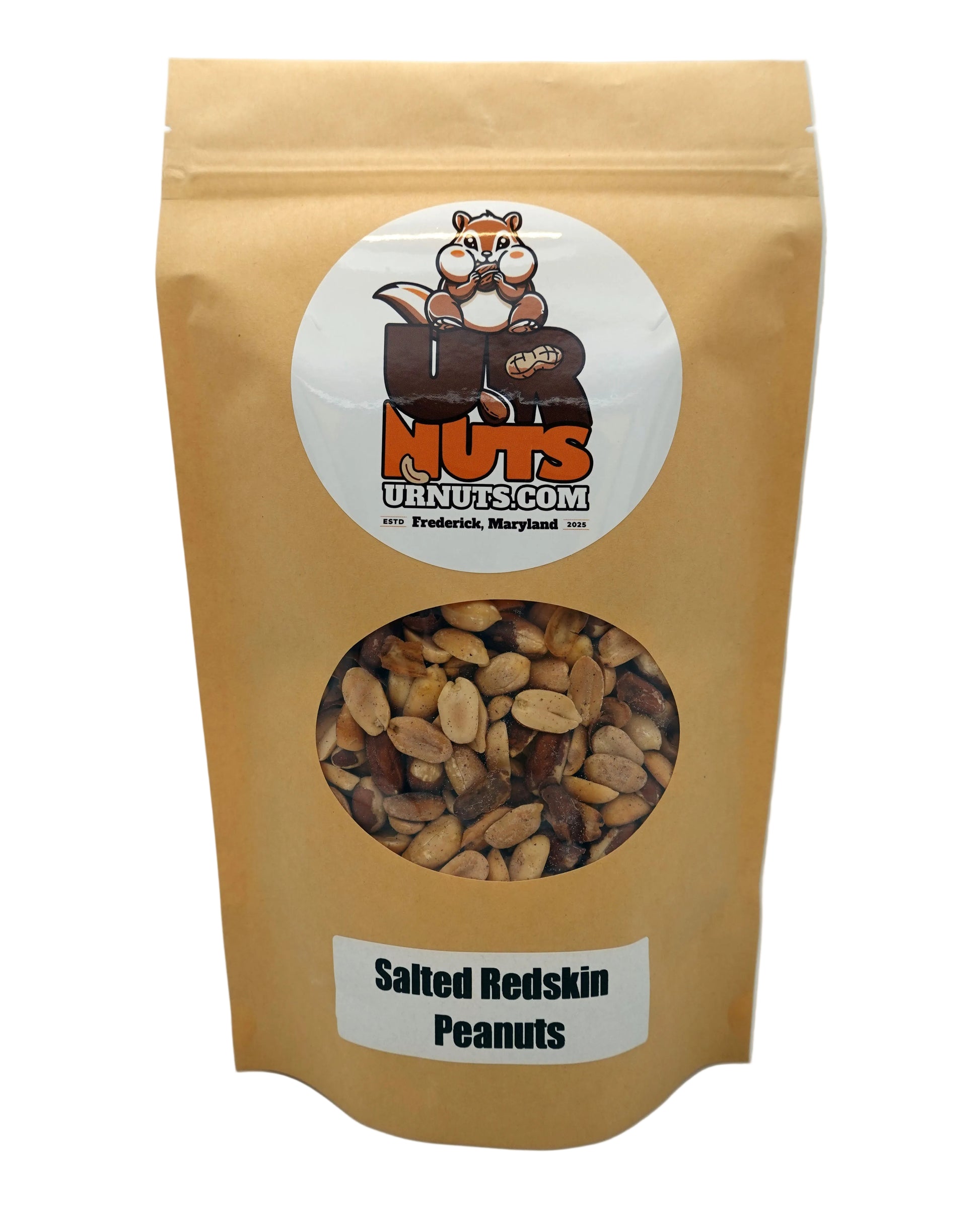 A stand-up kraft paper pouch of UR Nuts brand 'Salted Redskin Peanuts' with a clear circular window showing the peanuts inside, on a light gray background.