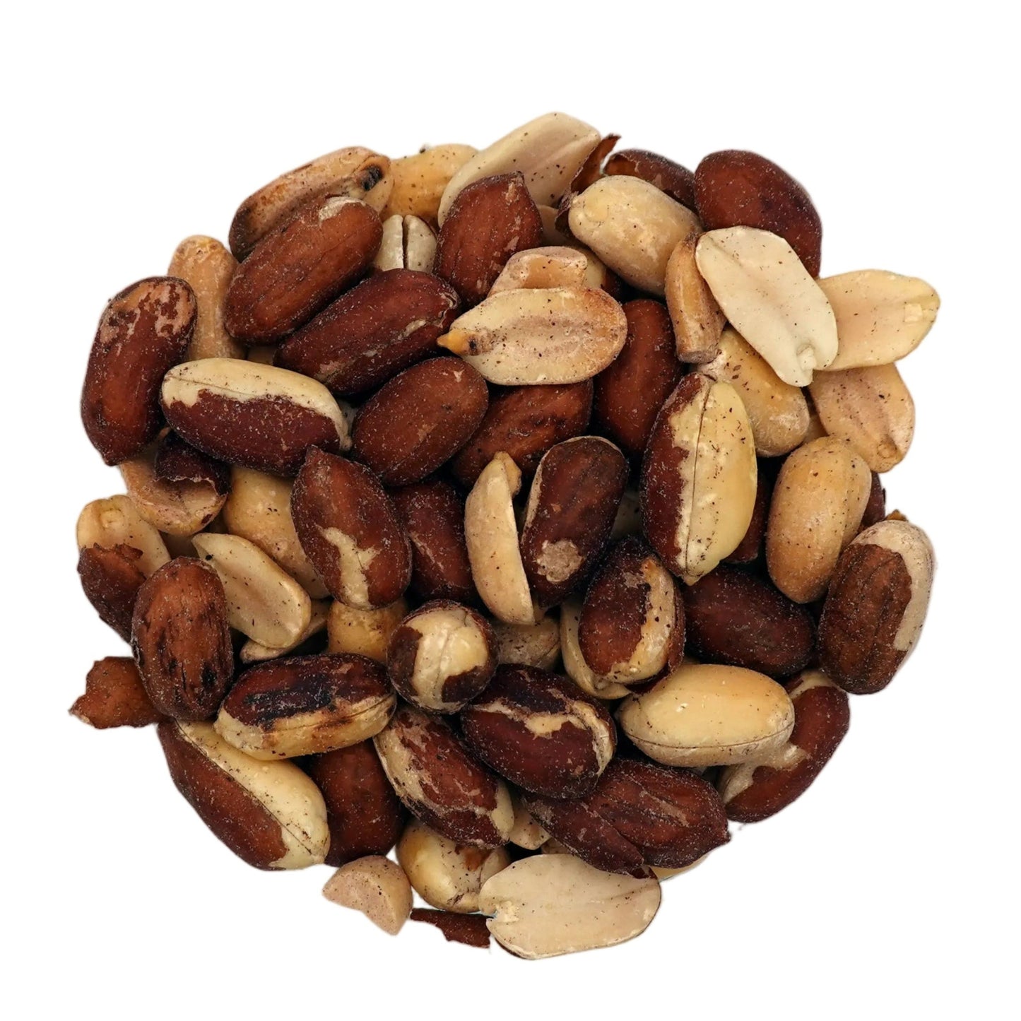A top-down view of mixed nuts, including Salted Redskin Peanuts, in a clear glass bowl on a white background.
