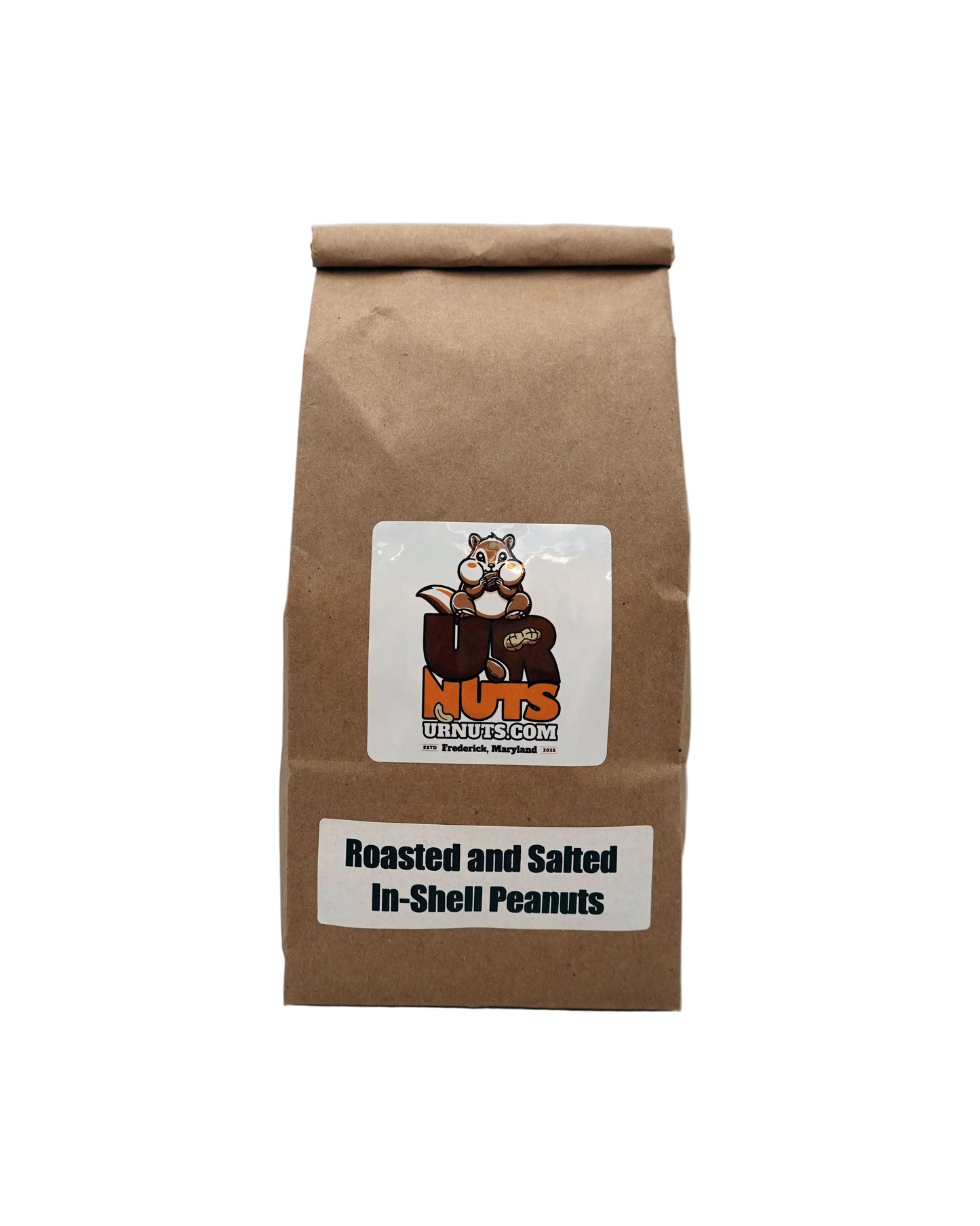 A brown kraft paper bag of UR Nuts roasted and salted in-shell peanuts, featuring a cartoon logo of two nuts and a white label with black text.