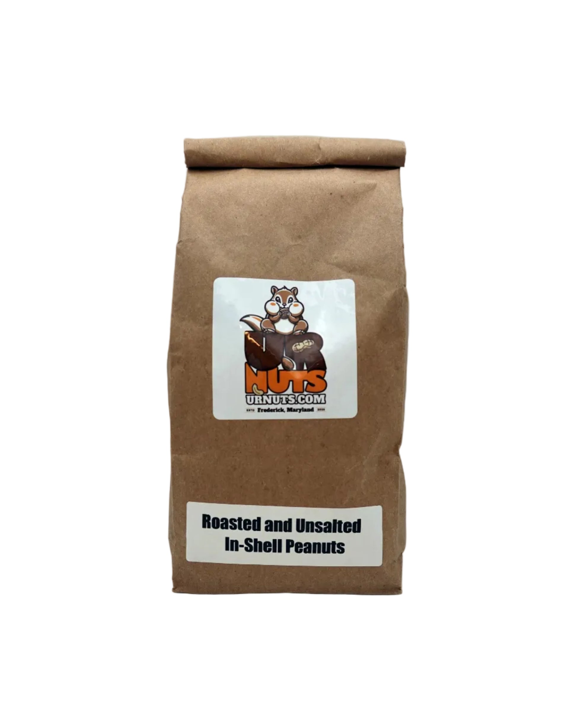 A brown kraft paper bag of nuts and seeds, labeled 'Nuts & Seeds.com' with a cartoon nut illustration, standing upright on a light gray background.