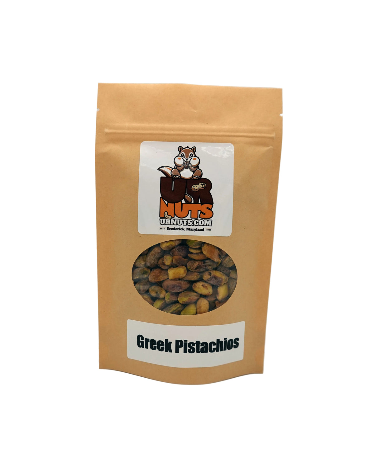 A stand-up kraft paper pouch of UR Nuts Greek Pistachios, featuring a clear window showing the green and brown pistachio pieces inside, set against a plain white background.