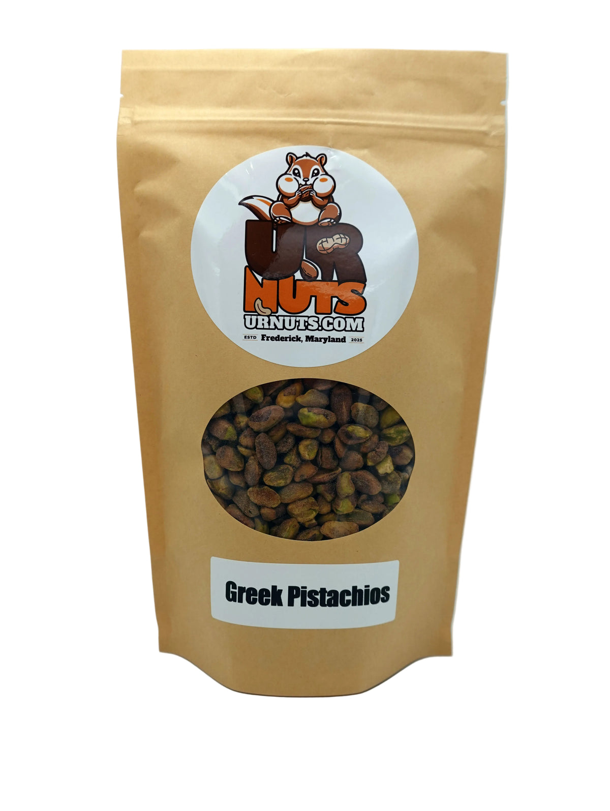 A stand-up kraft paper pouch of Greek Pistachios from UR Nuts, featuring a circular clear window that displays the brown pistachios inside. The packaging includes a cartoon squirrel logo and a white label at the bottom reading 'Greek Pistachios'.