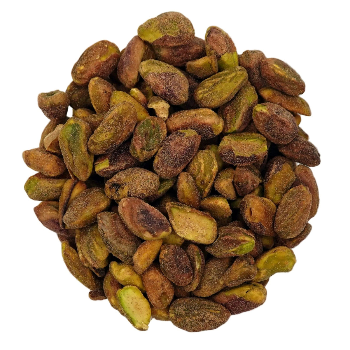 A top-down view of roasted pistachios in a clear glass bowl on a white background.