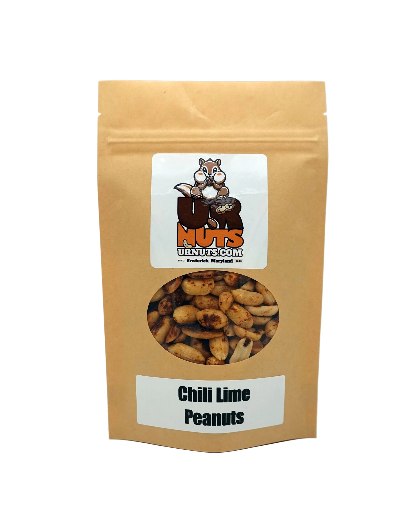 A stand-up kraft paper pouch of Chili Lime Peanuts from UR Nuts, featuring a clear window showing the peanuts inside and a white label with the brand logo.