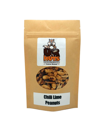 A stand-up kraft paper pouch of Chili Lime Peanuts from UR Nuts, featuring a clear window showing the peanuts inside and a white label with the brand logo.