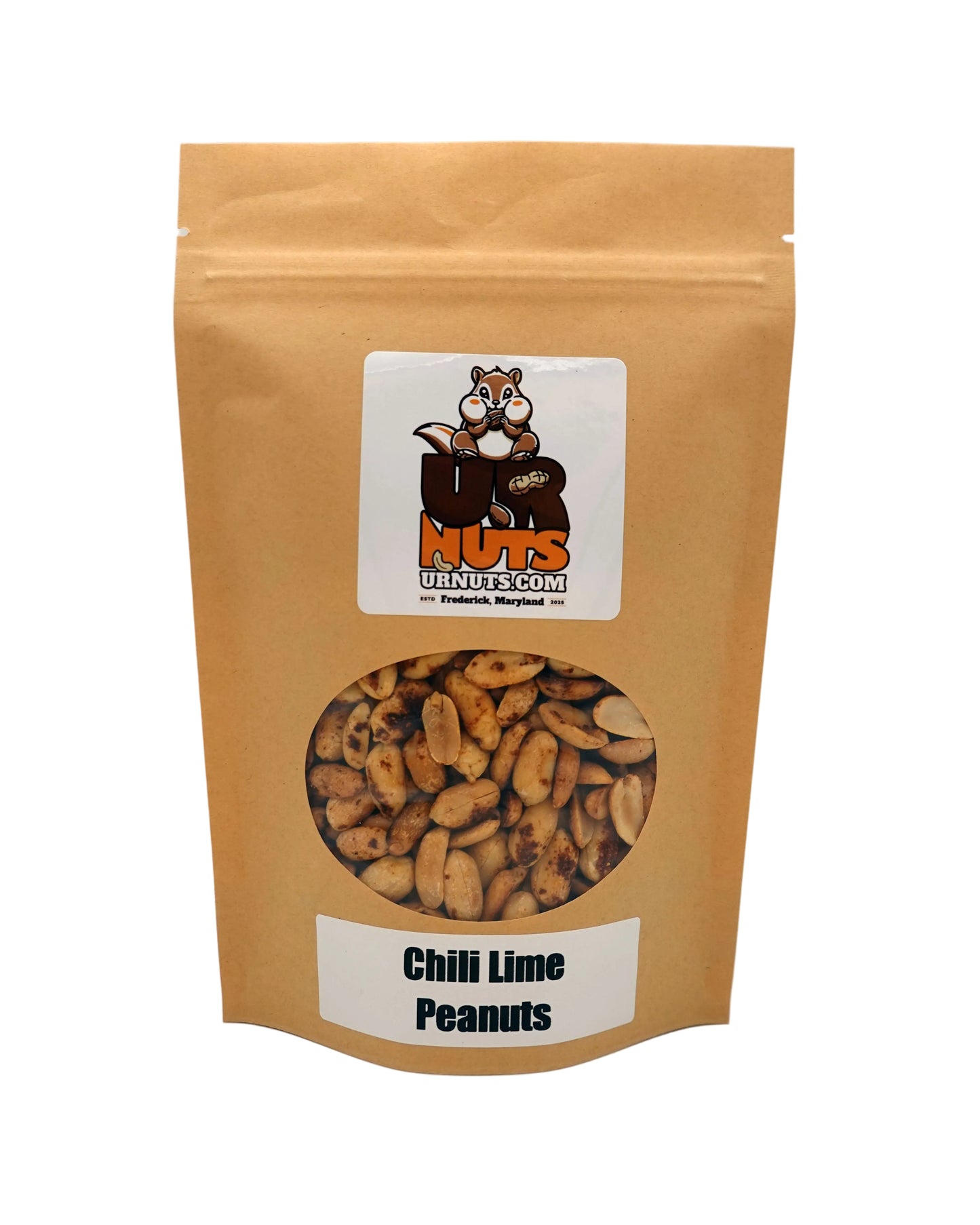 A stand-up kraft paper pouch of UR Nuts Chili Lime Peanuts with a clear circular window showing the peanuts inside, on a white background.