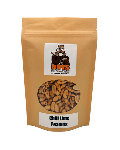 A stand-up kraft paper pouch of UR Nuts Chili Lime Peanuts with a clear circular window showing the peanuts inside, on a white background.