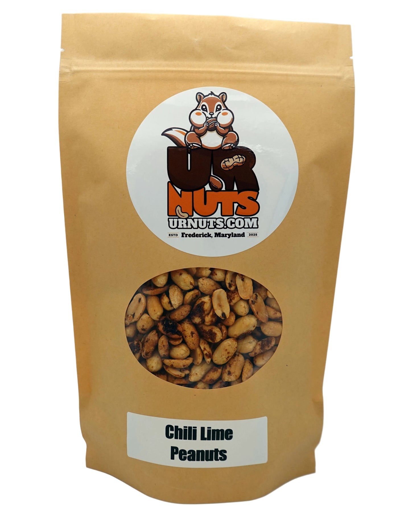 A stand-up kraft paper pouch of UR Nuts Chili Lime Peanuts with a clear circular window showing the peanuts inside, on a white background.