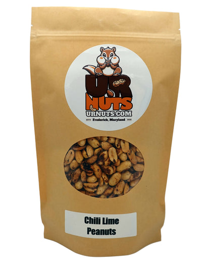 A stand-up kraft paper pouch of UR Nuts Chili Lime Peanuts with a clear circular window showing the peanuts inside, on a white background.