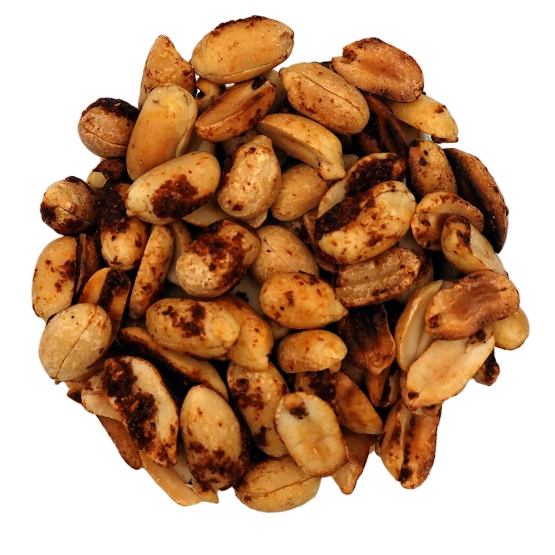 Roasted chili lime peanuts in a clear glass bowl, photographed from a top-down view on a plain white background.